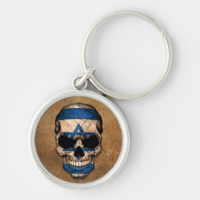 Aged and Worn Israeli Flag Skull Key Ring (Front)