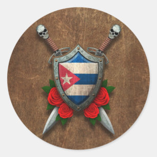 Aged Cuban Flag Shield and Swords with Roses Classic Round Sticker