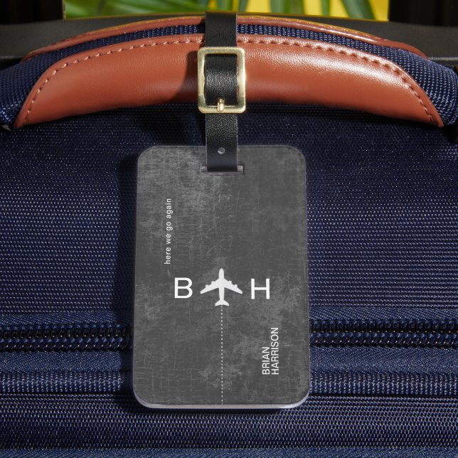 Aged Dark Grey Modern Aeroplane Monogram  Luggage Tag (Front Insitu 2)