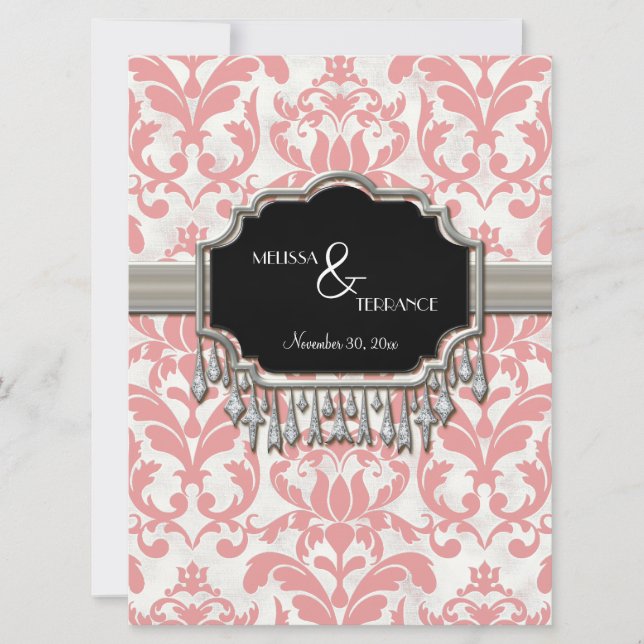 Aged Distressed Damask Silver Bling Look Wedding Invitation (Front)