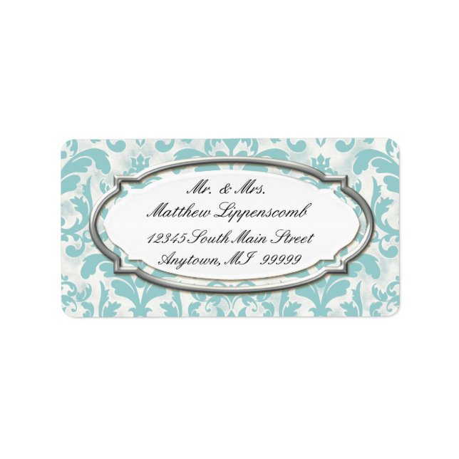 Aged Distressed Damask Silver Bling Look Wedding Label (Front)