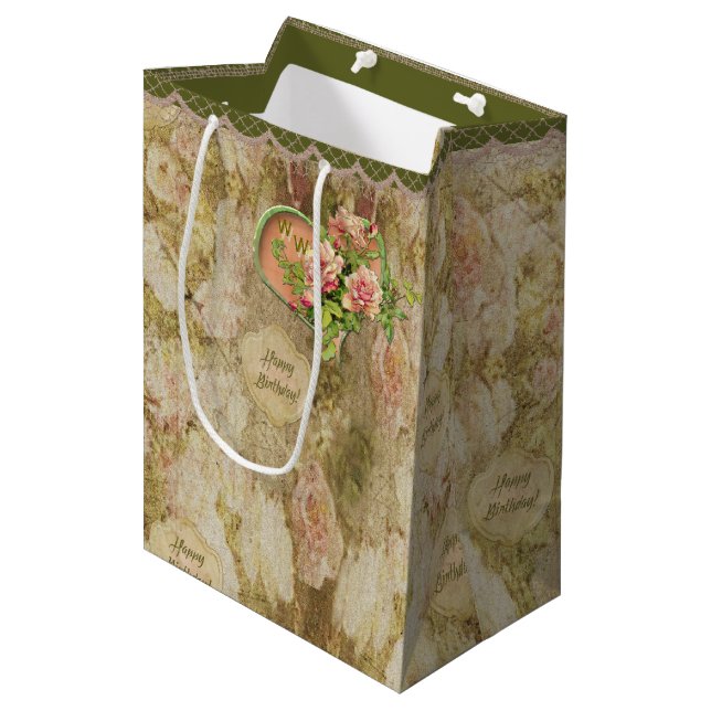 Aged Faded Victorian Rose - Birthday - Personalise Medium Gift Bag (Front Angled)