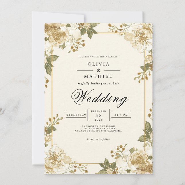Aged Floral Accent Wedding Invitation (Front)