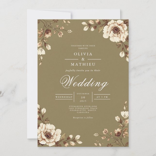 Aged Floral Frame Rustic Wedding Invitation (Front)