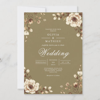 Aged Floral Frame Rustic Wedding Invitation