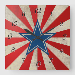 Aged Glory - Red, White and Blue Stars and Stripes Square Wall Clock