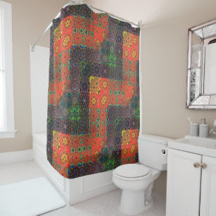 Aged green and coral to brown kaleidoscope mosaic shower curtain