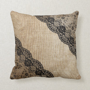 Aged Linen and Lace Black Beige Pillow Corners