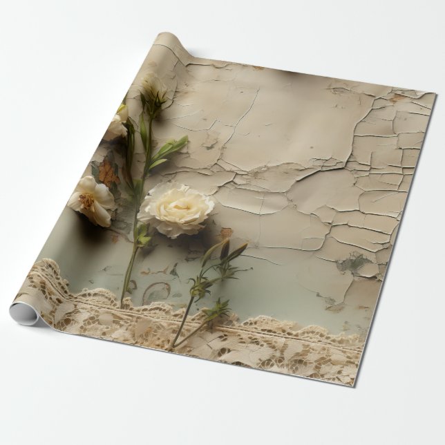 Aged Paper with White Rustic Flower Motif (Unrolled)