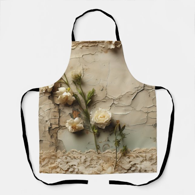 Aged Paper with White Rustic Flower Motif Apron (Front)