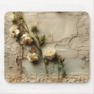 Aged Paper with White Rustic Flower Motif Mouse Pad