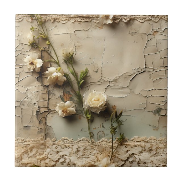 Aged Paper with White Rustic Flower Motif Tile (Front)