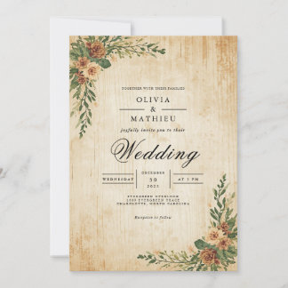 Aged Sepia Floral Corner Wedding Invitation