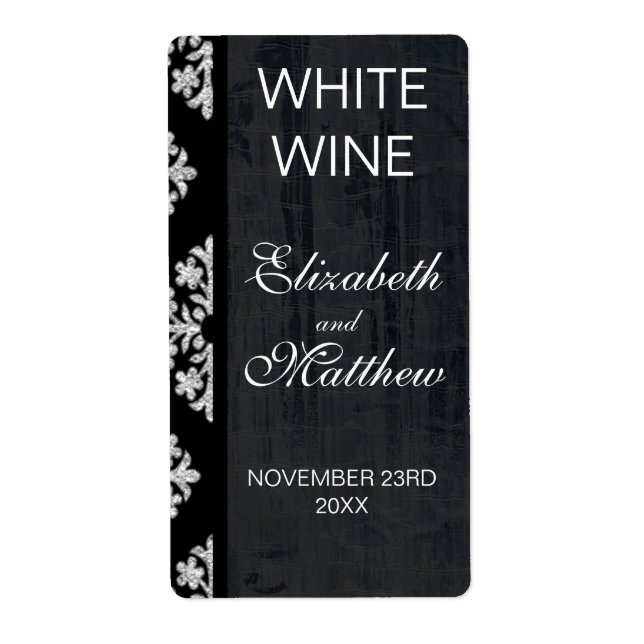 Aged Silver Damask Wedding Wine Labels (Front)