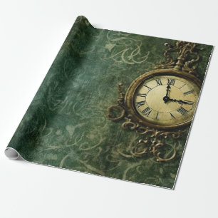 Aged Steampunk Mechanical Clockwork on Green Wrapping Paper