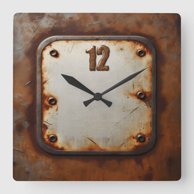 aged steel plate riveted square wall clock (Front)