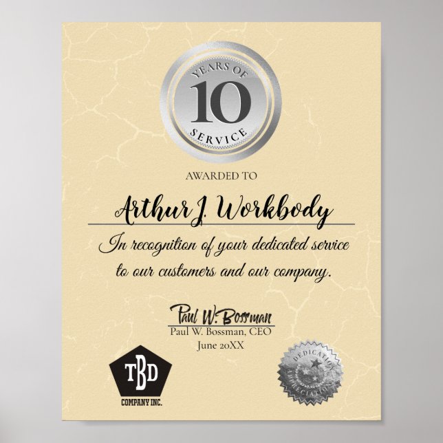 Aged stone silver employee anniversary certificate poster (Front)