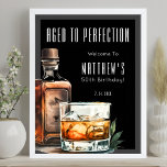Aged To Perfection Birthday Party Poster<br><div class="desc">Aged To Perfection Birthday Welcome Sign. Greet guests in style with this sophisticated whiskey-themed design. At the top, “Aged To Perfection” is displayed in bold, elegant white serif fonts, followed by the birthday person’s name and age for a personalised touch. A bold watercolor whiskey bottle and glass sit on the...</div>