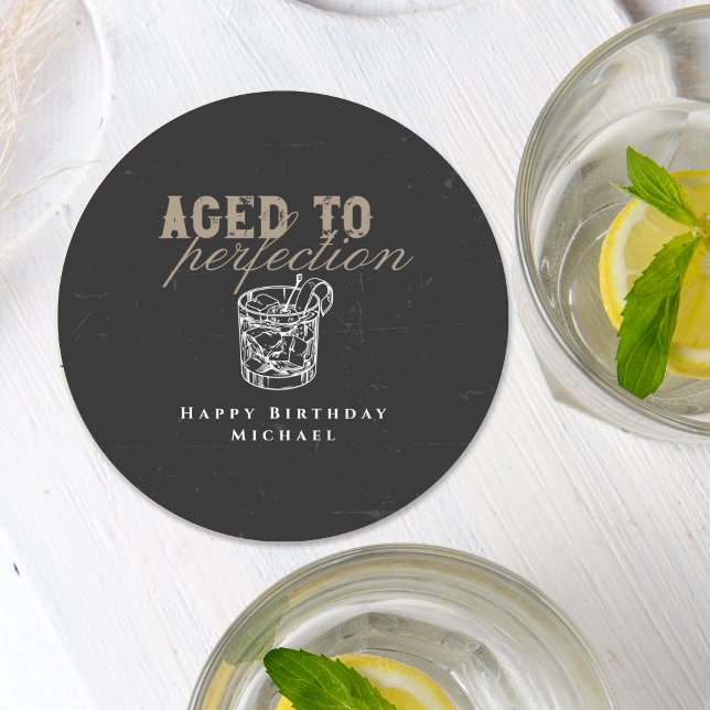 Aged to Perfection Black Whiskey Birthday Party Round Paper Coaster (Creator Uploaded)
