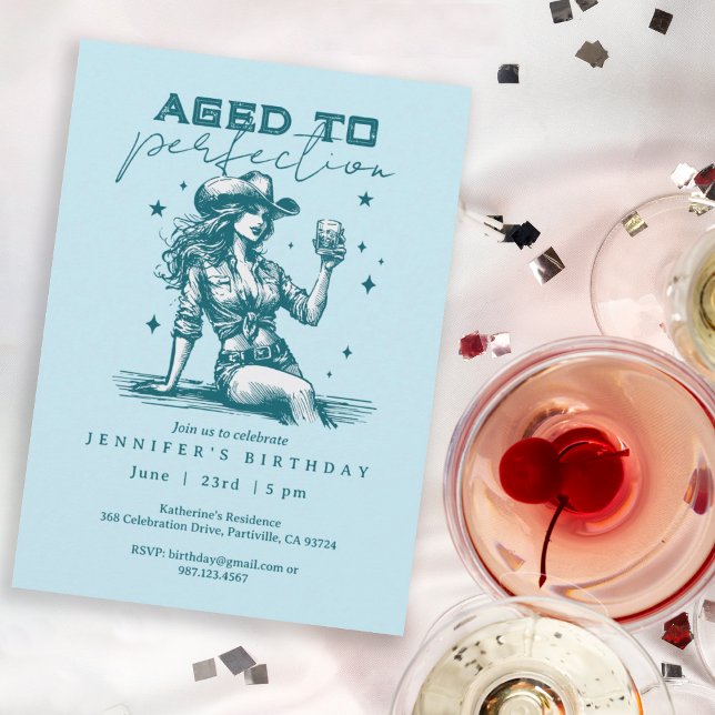 Aged to Perfection Blue Cowgirl Birthday Party Invitation (Creator Uploaded)