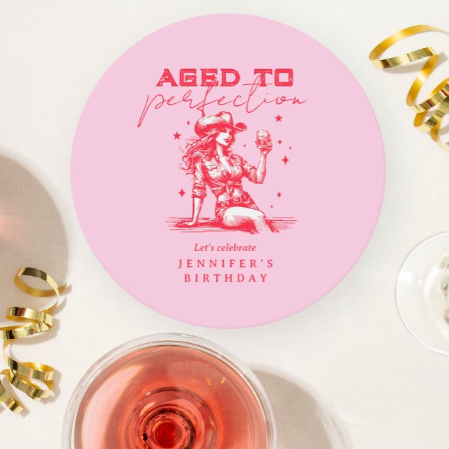 Aged to Perfection Cowgirl Pink Birthday Party  Round Paper Coaster (Creator Uploaded)