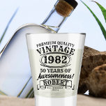 Aged To Perfection Custom Vintage Birthday Beer Shot Glass<br><div class="desc">Raise a toast to timeless memories with the Aged To Perfection Custom Vintage Birthday Beer Shot Glass. Perfectly capturing the spirit of rock 'n' roll and classic nostalgia, this shot glass is a standout addition to any birthday celebration. Its vintage design, inspired by retro aesthetics and the classic whiskey label,...</div>