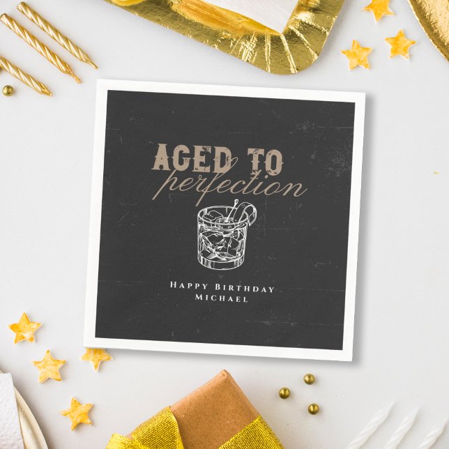 Aged to Perfection Elegant Whiskey Birthday Black  Napkin (Creator Uploaded)