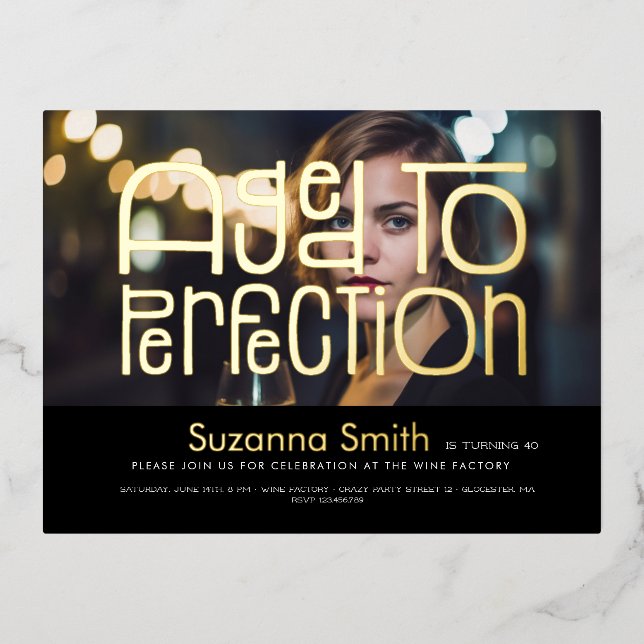 Aged to perfection photo woman's gold birthday  foil invitation postcard (Front)