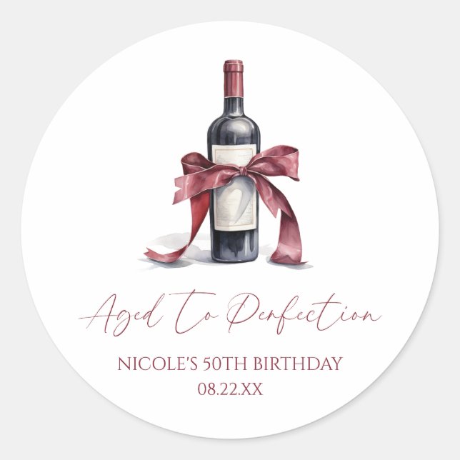 Aged To Perfection Red Wine Bow Birthday Party Classic Round Sticker (Front)