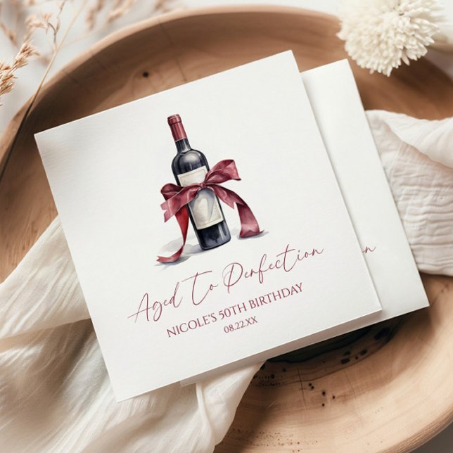 Aged To Perfection Red Wine Bow Birthday Party Napkin (Creator Uploaded)