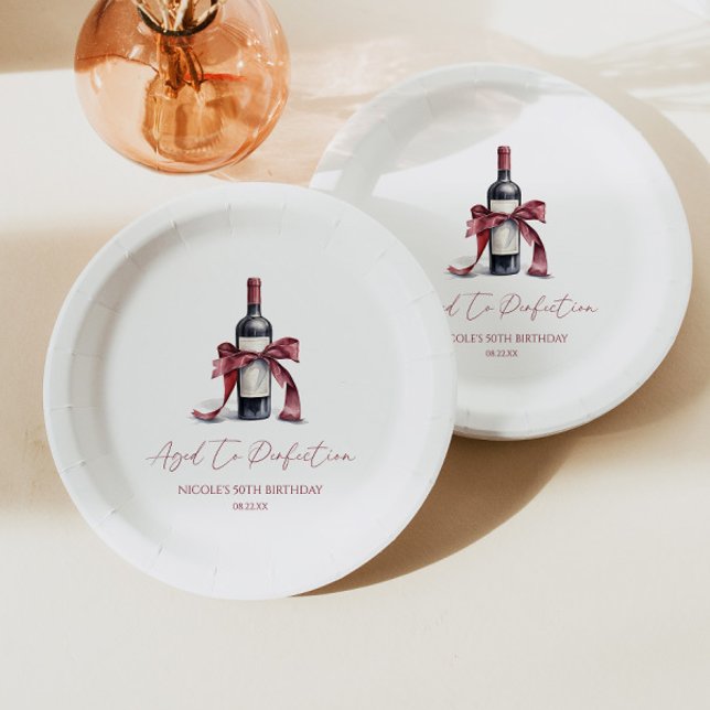 Aged To Perfection Red Wine Bow Birthday Party Paper Plate (Creator Uploaded)
