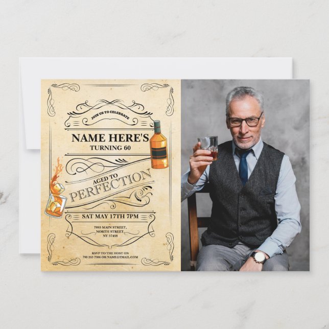 Aged to Perfection Whiskey 50th 60th Mens Photo Invitation (Front)