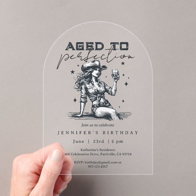 Aged to Perfection Whiskey Cowgirl Birthday Party  Acrylic Invitations (Insitu (Handheld))