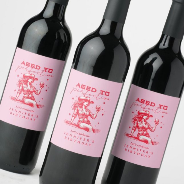 Aged to Perfection Whiskey Cowgirl Birthday Party  Wine Label (Creator Uploaded)