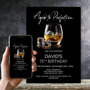 Aged to Perfection Whiskey Glass 75th Birthday Invitation