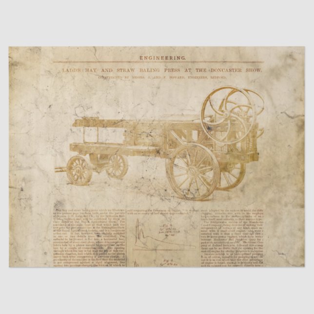 Aged Tractor and Text on Tan Decoupage Tissue Paper (Front)