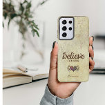 Aged Vintage Believe Heart with Angel Wings Name Samsung Galaxy Case<br><div class="desc">Pretty phone case with a creamy coloured background with an aged vintage look. Trendy typography urges you to "Believe--then become". The design includes a winged heart that has been digitally coloured to coordinate with the background. This case is personalised with a name in a script style font in a size...</div>