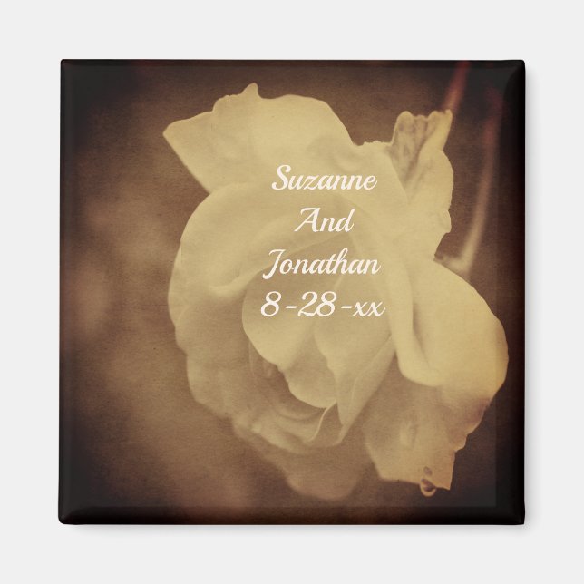 Aged Vintage Sepia Rose Floral Wedding Magnet (Front)