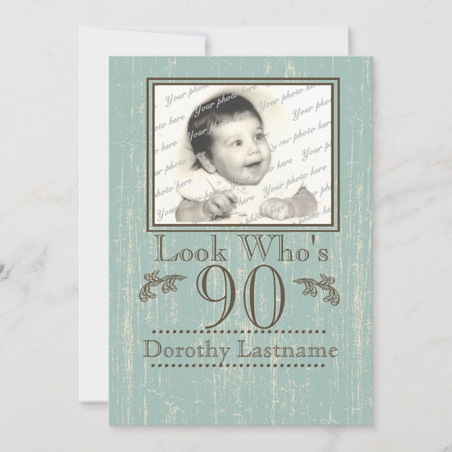 Aged Wood 90th Birthday Photo Invitation (Front)