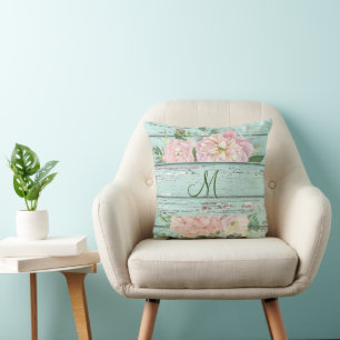 Aged Wood Monogram Name with Hydrangea Bloom  Cushion
