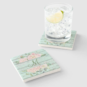 Aged Wood Monogram Name with Hydrangea Bloom  Stone Coaster