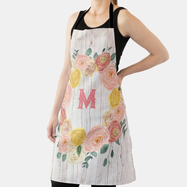 Aged Wood Monogram Rose & Eucalyptus Wreath Apron (Insitu)