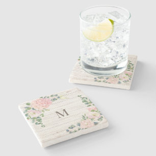 Aged Wood Monogram Rose Hydrangea & Eucalyptus Stone Coaster