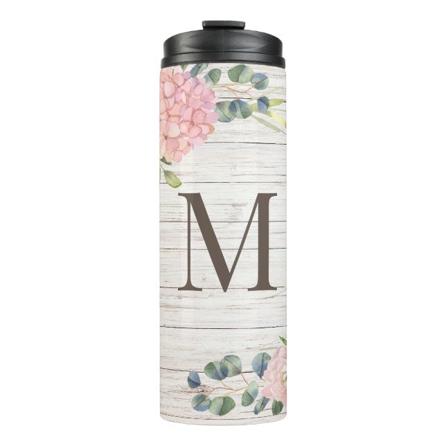 Aged Wood Monogram Rose Hydrangea & Eucalyptus Thermal Tumbler (Front)