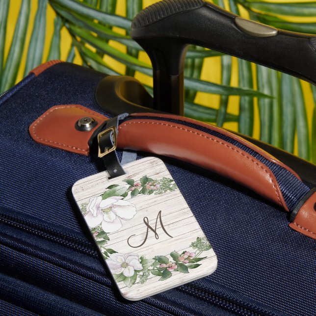 Aged Wood Monogram with Magnolias Wreath Luggage Tag (Front Insitu 1)