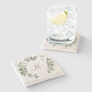 Aged Wood Monogram with Magnolias Wreath Stone Coaster