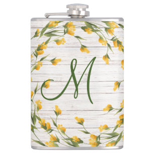 Aged Wood Monogram with Yellow Flower Bloom Wreath Hip Flask