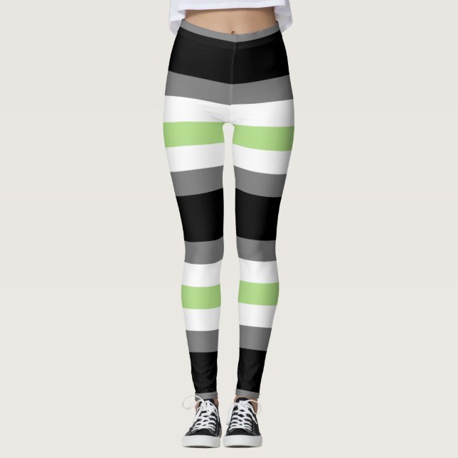 Agender Pride, LGBTQ Pride, Black Grey and Green Leggings (Front)
