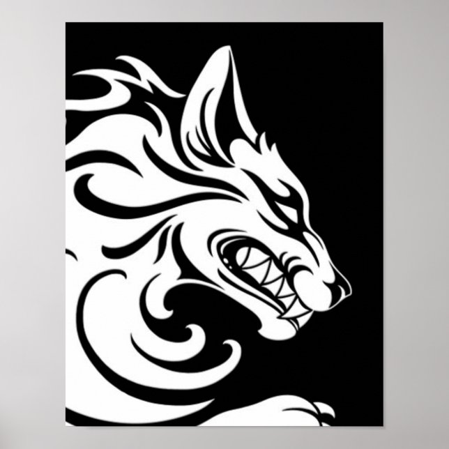 Aggressive White and Black Tribal Wolf Poster (Front)