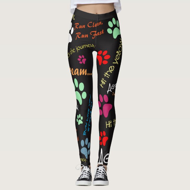 Agility quotes with multi coloured paw prints leggings (Front)
